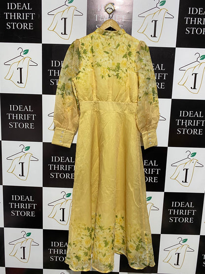 ANEWSTA |S| BUST 17|C4| PALE YELLOW SHEER FLORAL MAXI DRESS WITH BISHOP SLEEVES