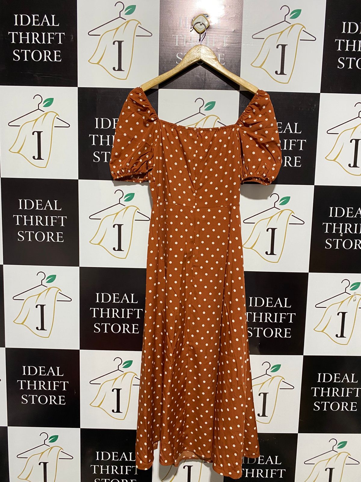 SHEIN |M| BUST 16| RETRO RUST ORANGE POLKA DOT MIDI DRESS WITH SLIT MAXI