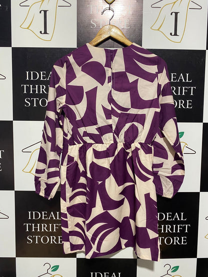 SATURDAY CLUB |XS| BUST 17| C6| PURPLE AND CREAM ABSTRACT PRINT MINI DRESS