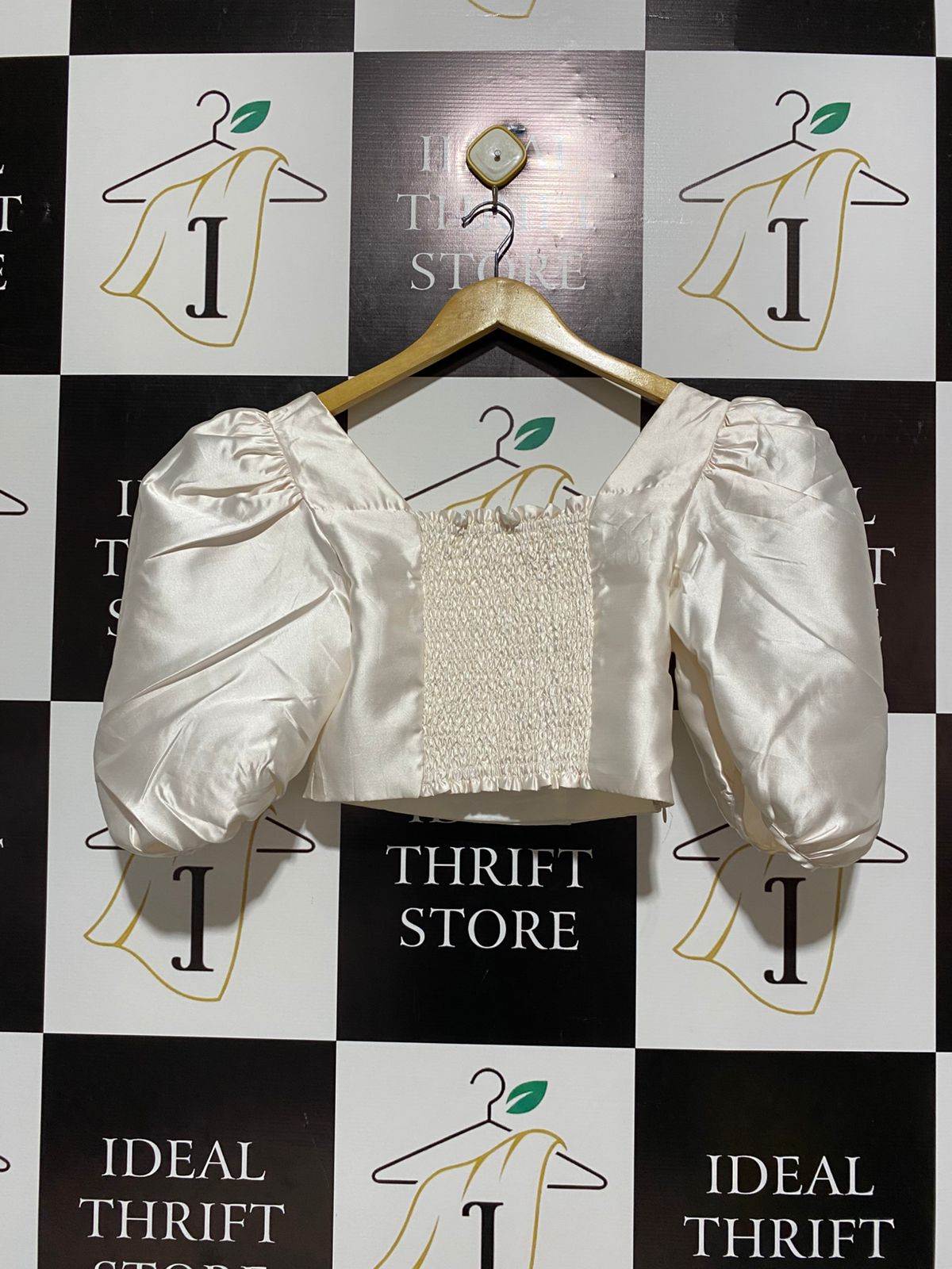 THE GRACE SOCIETY |L| BUST 15| ELEGANT IVORY SATIN PUFF-SLEEVE CROP TOP