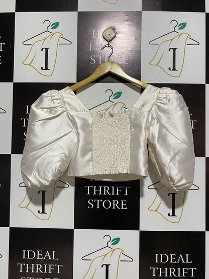 THE GRACE SOCIETY |L| BUST 15| ELEGANT IVORY SATIN PUFF-SLEEVE CROP TOP