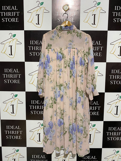 XDB |L| BUST 20| C5| ELEGANT SHEER FLORAL PRINT LONG SLEEVE PLEATED MIDI DRESS
