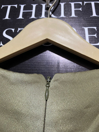 LITTLE MISTRESS |S| BUST 16| C6| ELEGANT OLIVE GREEN SATIN TWIST-FRONT MIDI DRESS WITH LACE SHOULDERS