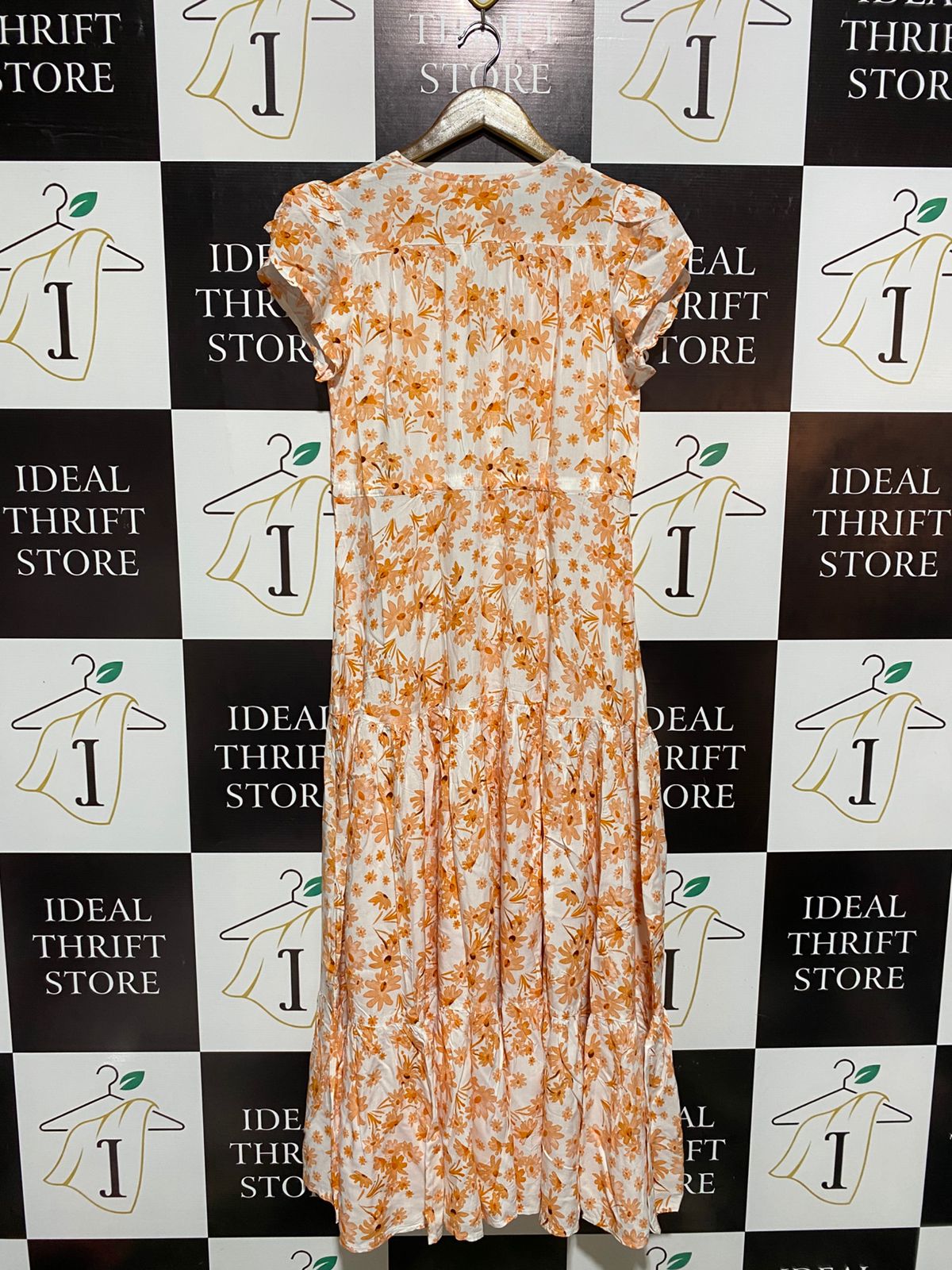JAASE |XS| BUST 19|C4| WHIMSICAL ORANGE DAISY PRINT TIERED MIDI DRESS