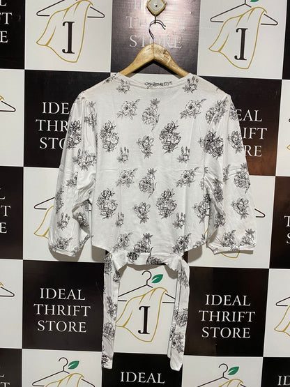 BRAVE SOUL |M| BUST 20| ELEGANT MONOCHROME FLORAL PUFF-SLEEVE TIE-FRONT BLOUSE