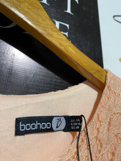 BOOHOO |L| BUST 17| C3| PEACH LACE BODICE MAXI DRESS WITH GOLD WAISTBAND