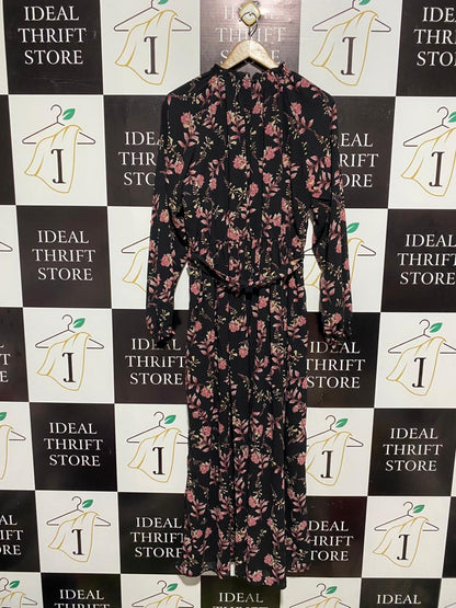 DREAM HOUSE |L|  BUST 18| C3| BLACK HIGH-NECK FLORAL MAXI DRESS WITH WAIST DEFINITION