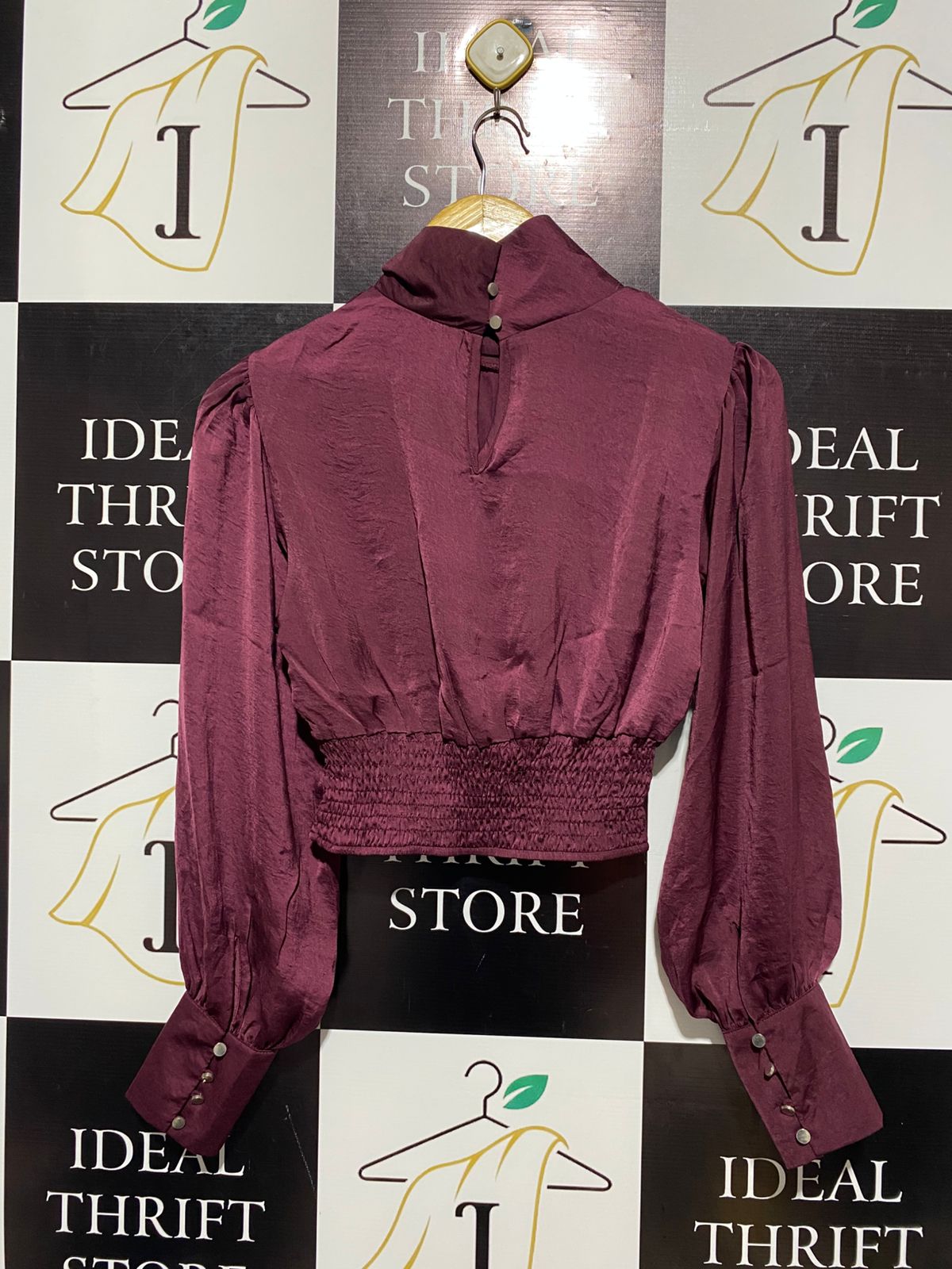 ALLY |S| BUST 15| BURGUNDY SATIN HIGH-NECK CROP BLOUSE