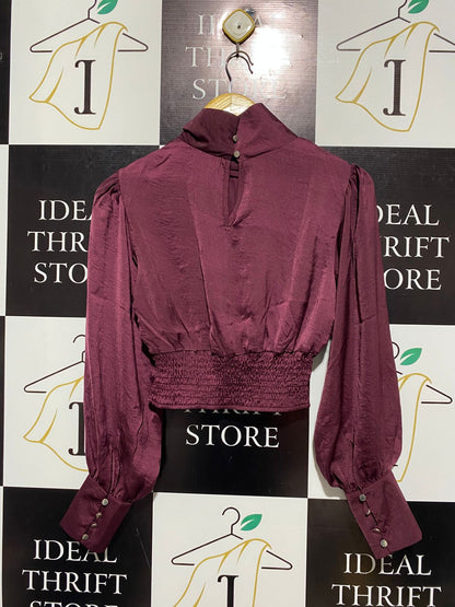 ALLY |S| BUST 15| BURGUNDY SATIN HIGH-NECK CROP BLOUSE