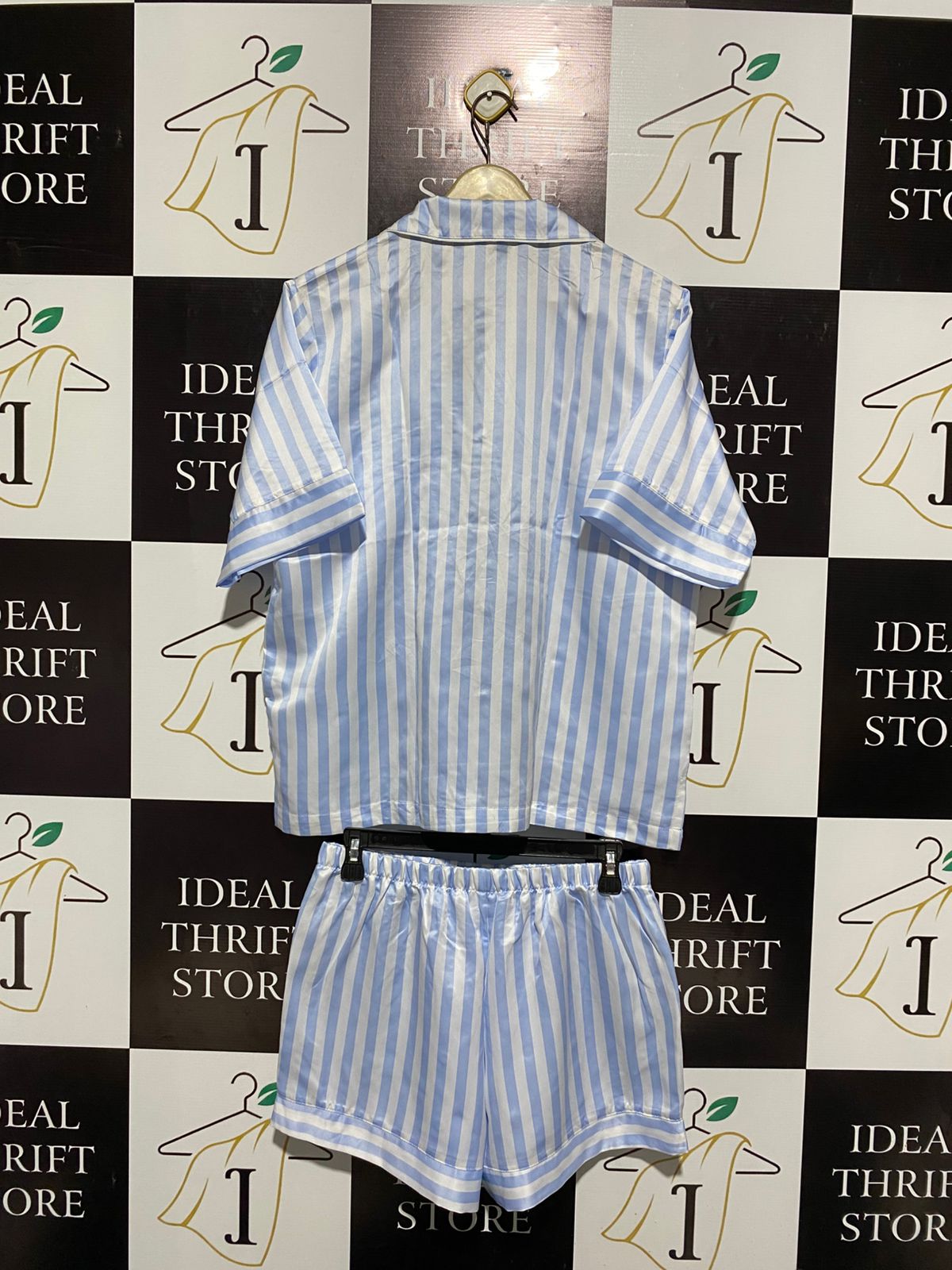 WOMAN |L| BLUE STRIPE SATIN PYJAMA SET - SHORT SLEEVE