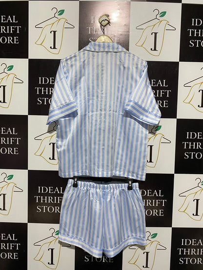 WOMAN |L| BLUE STRIPE SATIN PYJAMA SET - SHORT SLEEVE