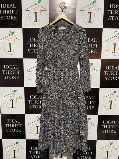 PETAL PUP |S| BUST 15| C6| BLACK DITSY PRINT TIERED MIDI DRESS