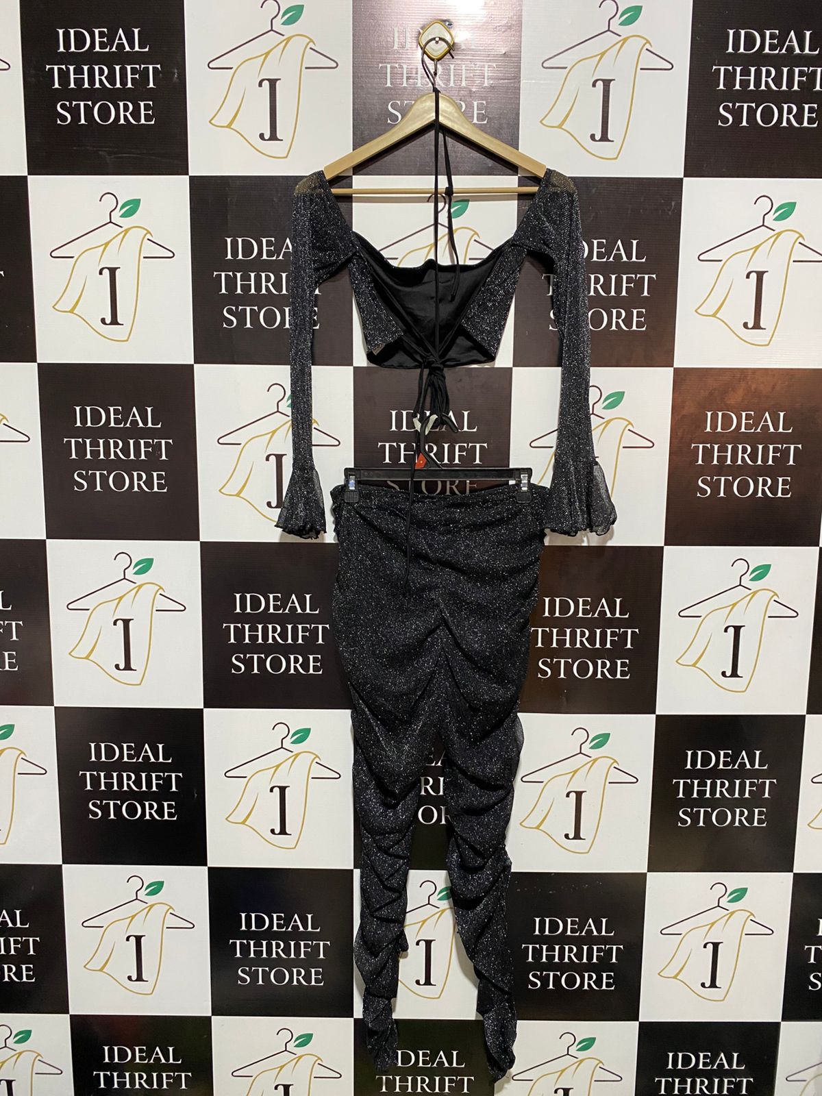 SHEIN |L| BLACK GLITTER RUCHED TWO-PIECE SET