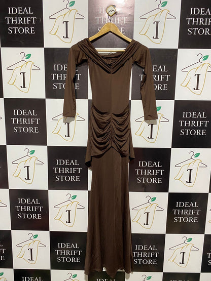 MUSERA |XS| BUST 13| ELEGANT CHOCOLATE BROWN OFF-THE-SHOULDER MAXI DRESS