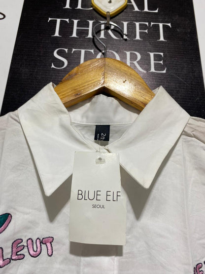 BLUE ELF |L| BUST 22| BIRTHDAYSUIT DOODLE LOGO EMBROIDERY OVERSIZED SHIRT