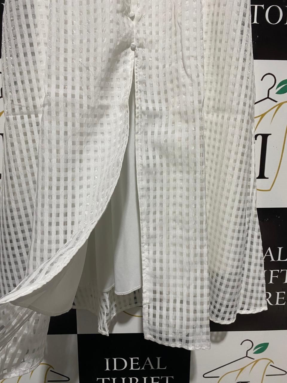 SHEIN |S| BUST 16| C3| CHIC WHITE GINGHAM PUFF-SLEEVE MIDI DRESS