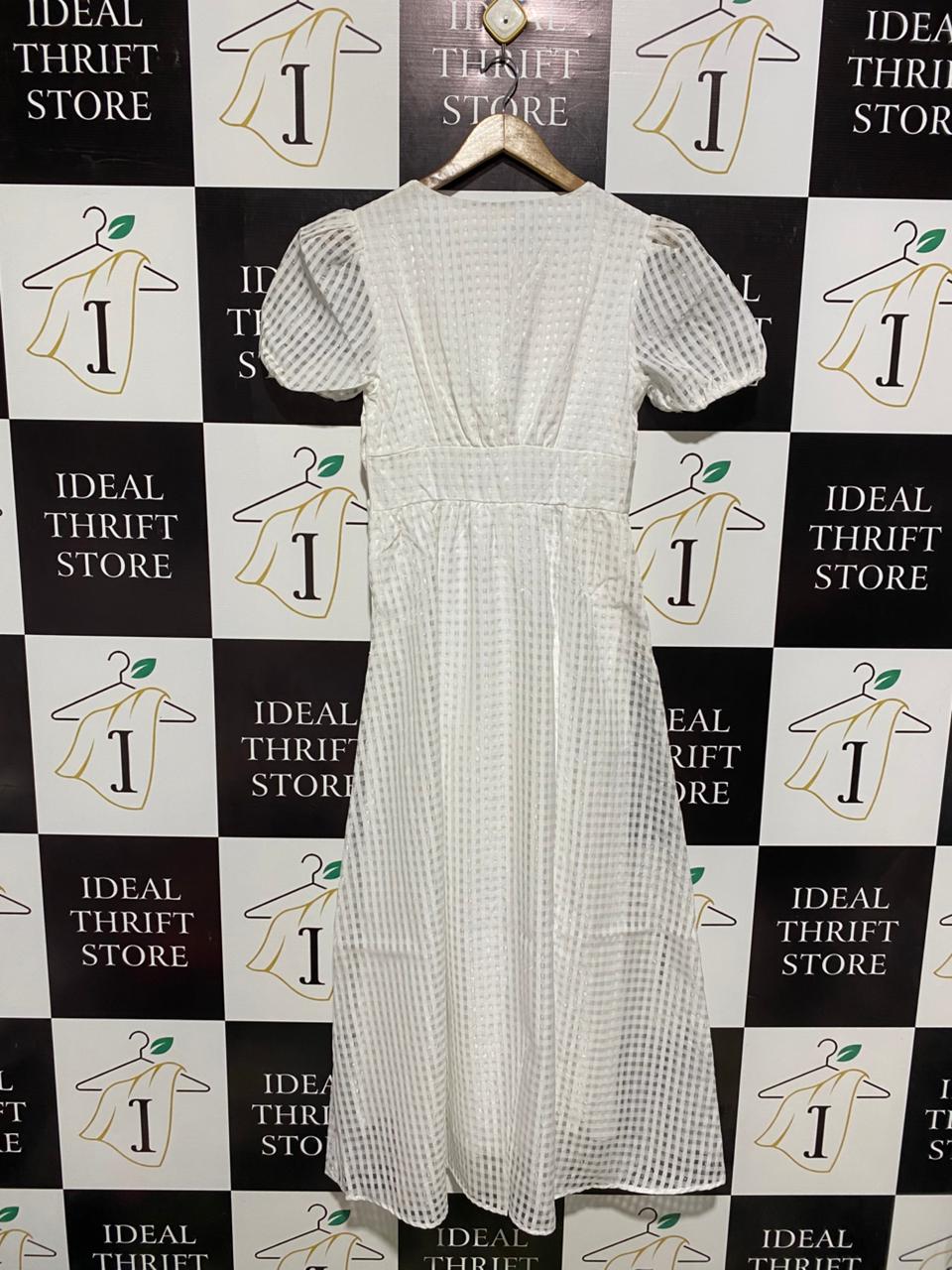 SHEIN |S| BUST 16| C3| CHIC WHITE GINGHAM PUFF-SLEEVE MIDI DRESS