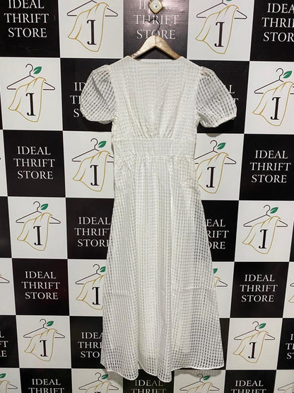 SHEIN |S| BUST 16| C3| CHIC WHITE GINGHAM PUFF-SLEEVE MIDI DRESS