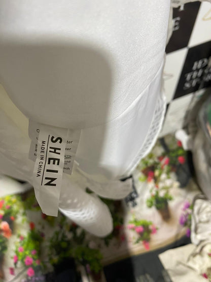 SHEIN |S| BUST 16| C3| CHIC WHITE GINGHAM PUFF-SLEEVE MIDI DRESS