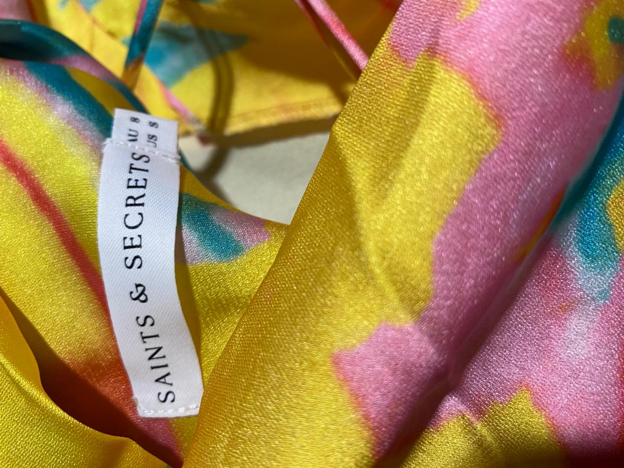 SAINTS & SECRETS |S| BUST 17| VIBRANT ABSTRACT PRINT SATIN COWL-NECK MAXI DRESS