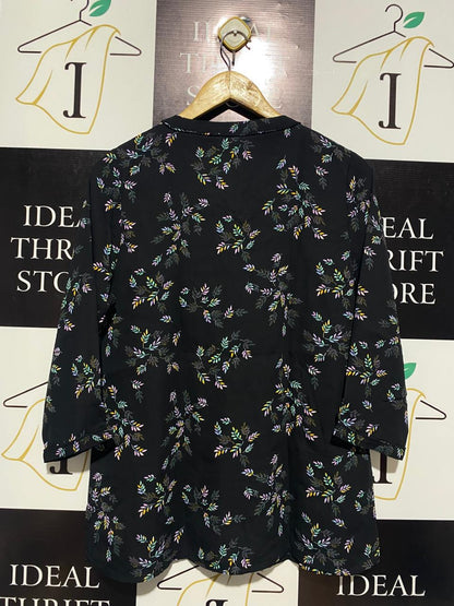 JEANS WEST |M| BUST 19| ELEGANT BLACK LEAF-PRINT BOHEMIAN BLOUSE