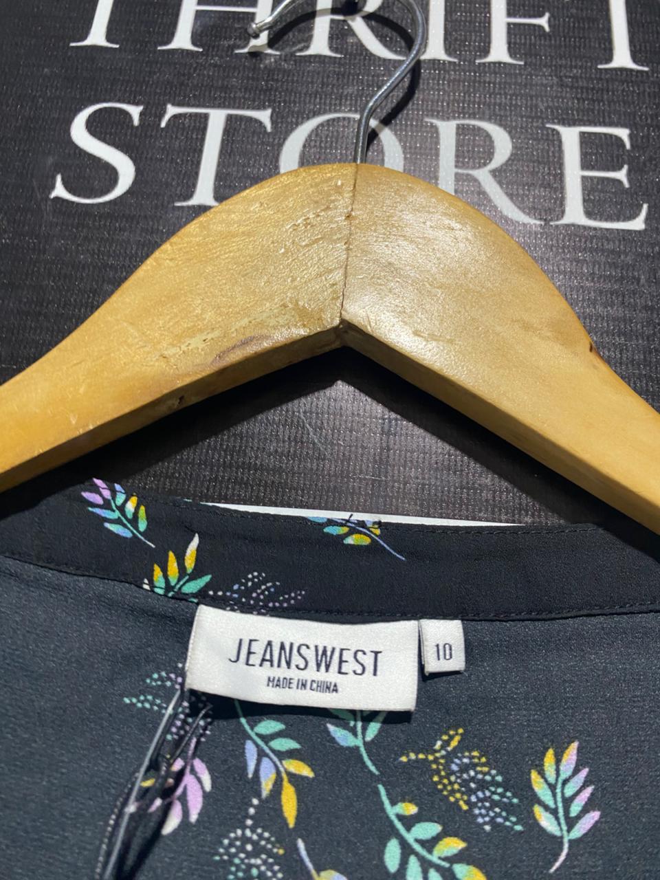 JEANS WEST |M| BUST 19| ELEGANT BLACK LEAF-PRINT BOHEMIAN BLOUSE