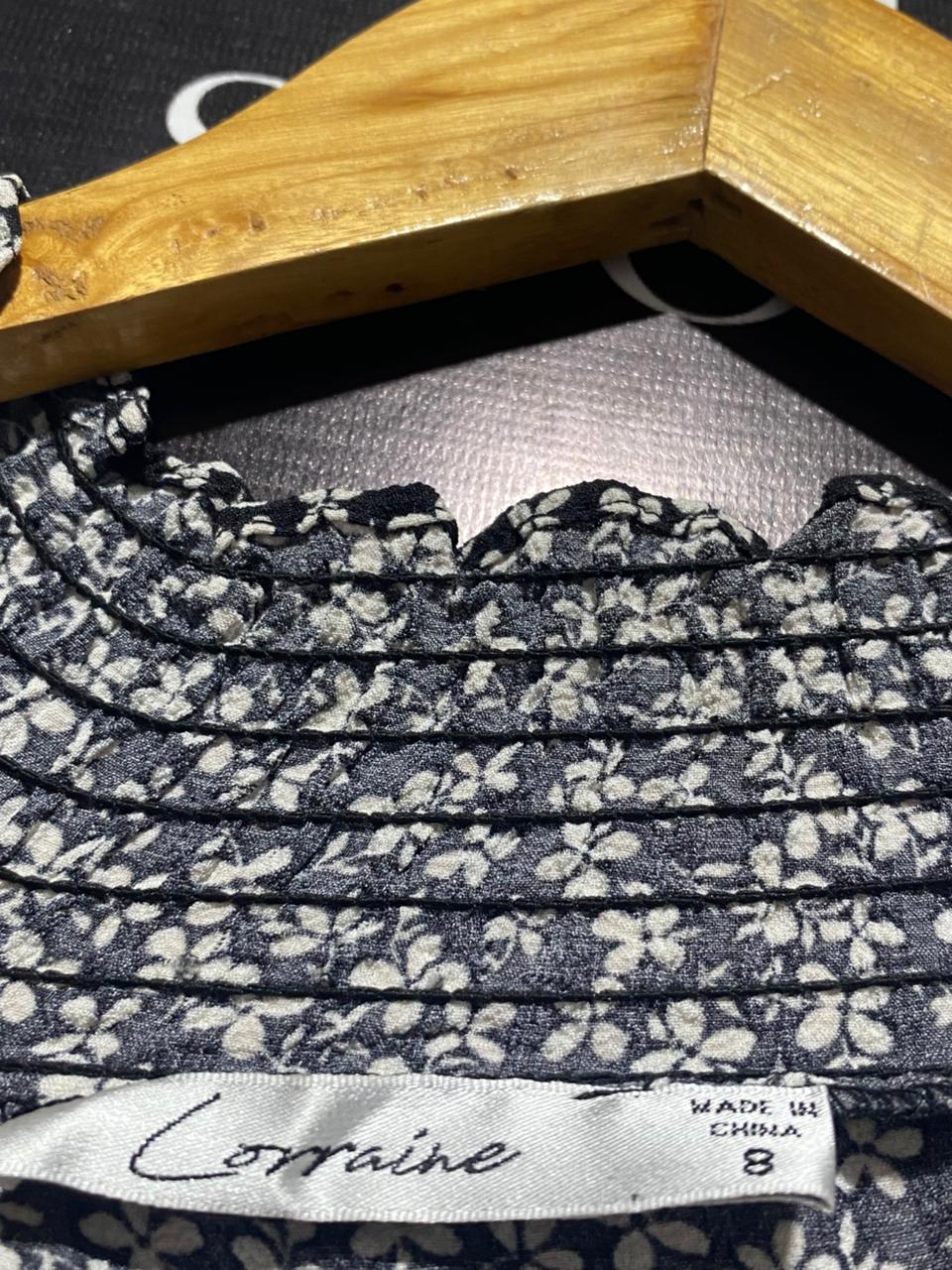 LORRAINE |M| BUST 18| C6|MONOCHROME FLORAL TIERED MIDI DRESS