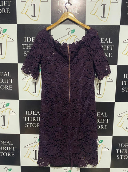 JACQUI E |M| BUST 18| ELEGANT DEEP PURPLE LACE OFF-THE-SHOULDER SHEATH DRESS