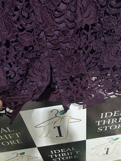 JACQUI E |M| BUST 18| ELEGANT DEEP PURPLE LACE OFF-THE-SHOULDER SHEATH DRESS