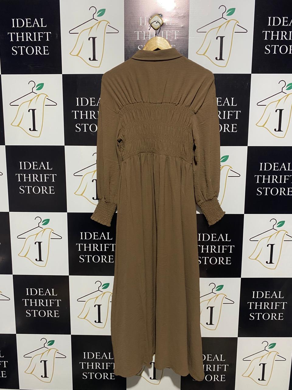 DREAM HOUSE |S| BUST 14|C3| EARTHY OLIVE SMOCKED SHIRT DRESS