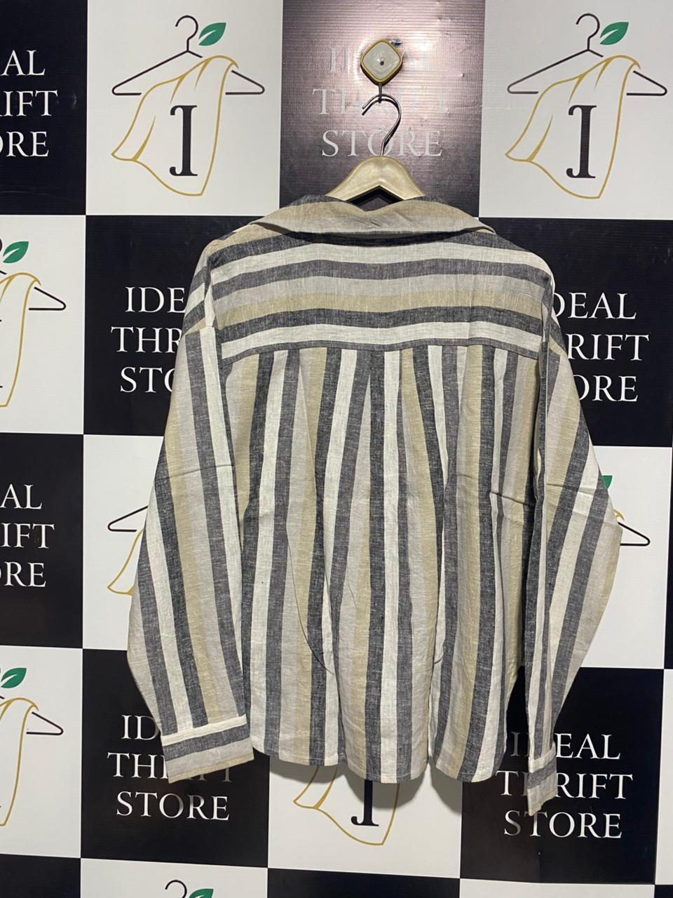 CHIC EARTH-TONED STRIPED KNOT-FRONT BLOUSE |L| BUST 24|