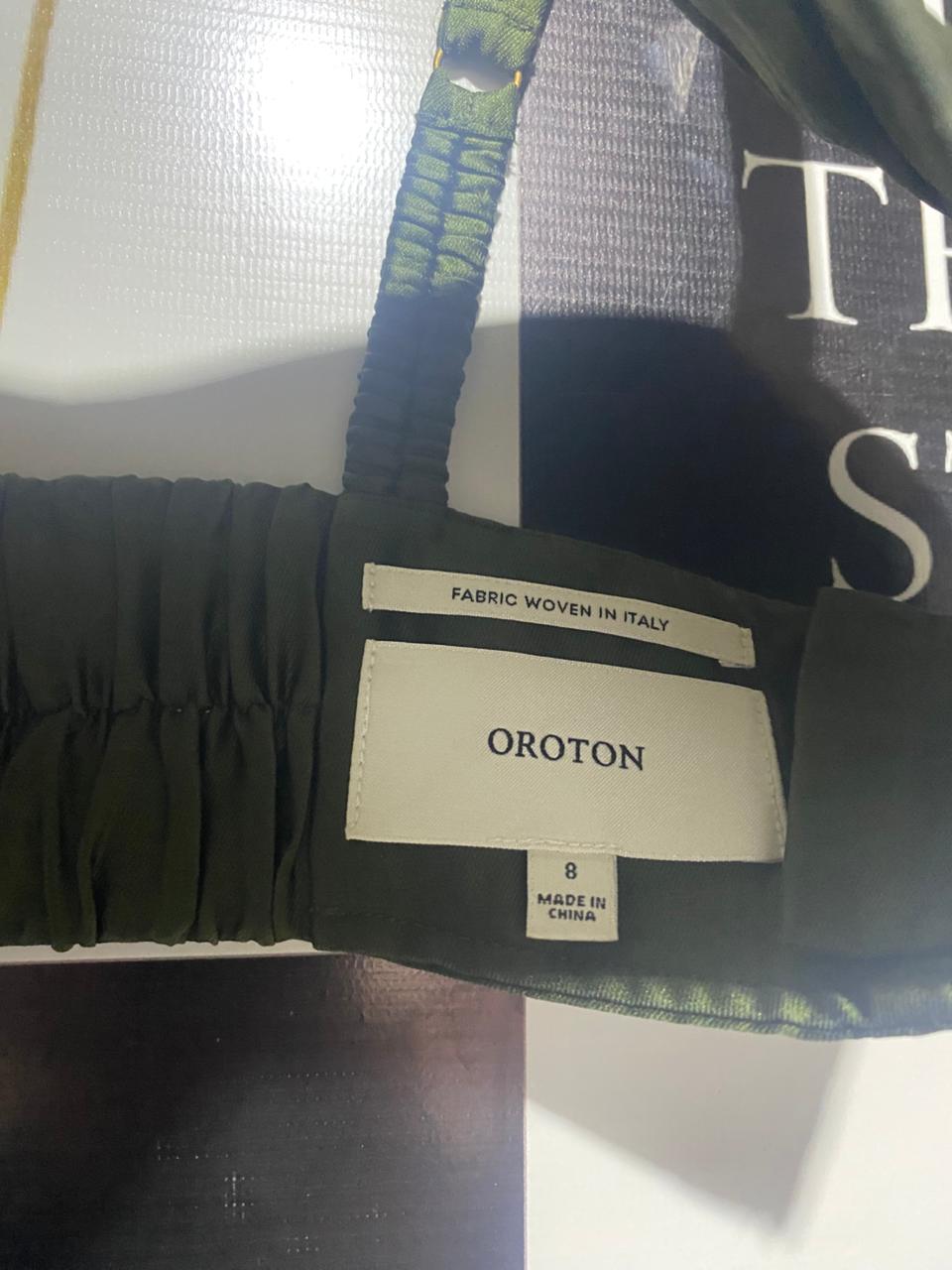OROTON |M| BUST 15| LUSTROUS OLIVE SATIN BUSTIER CROP TOP