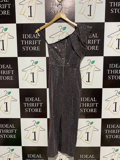 JENNYFER RUFFLED ONE-SHOULDER METALLIC STRIPED MIDI DRESS |S| BUST 14|B10