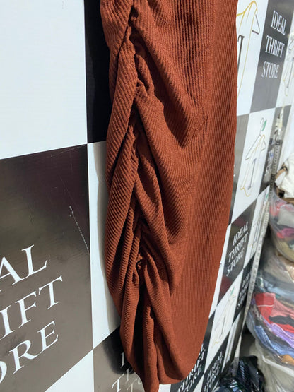 ZARA |S| BUST 15| RUCHED RUST MOCK-NECK MIDI DRESS