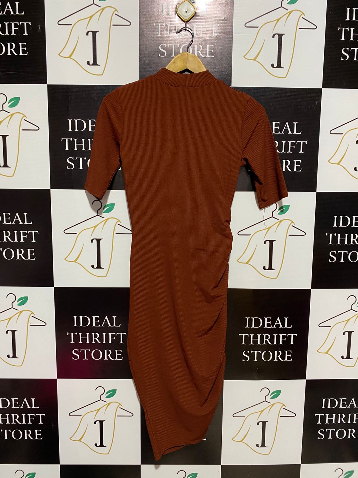 ZARA |S| BUST 15| RUCHED RUST MOCK-NECK MIDI DRESS