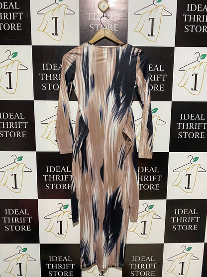 ABSTRACT STROKE PRINT MOCK-WRAP MIDI DRESS |XS| BUST 14|