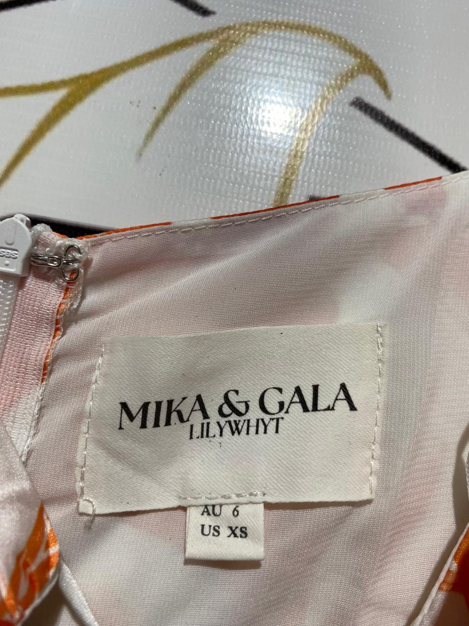MIKA & GALA |XS| BUST 14| B3| ORANGE AND WHITE FLORAL DRESS LONG PUFF SLEEVES,