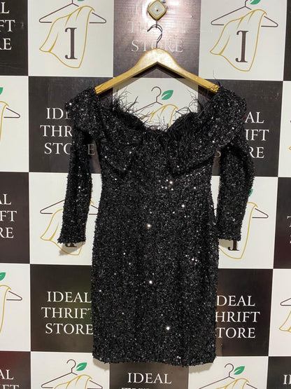 MIDNIGHT SEQUIN OFF-THE-SHOULDER COCKTAIL DRESS |S| BUST 16|