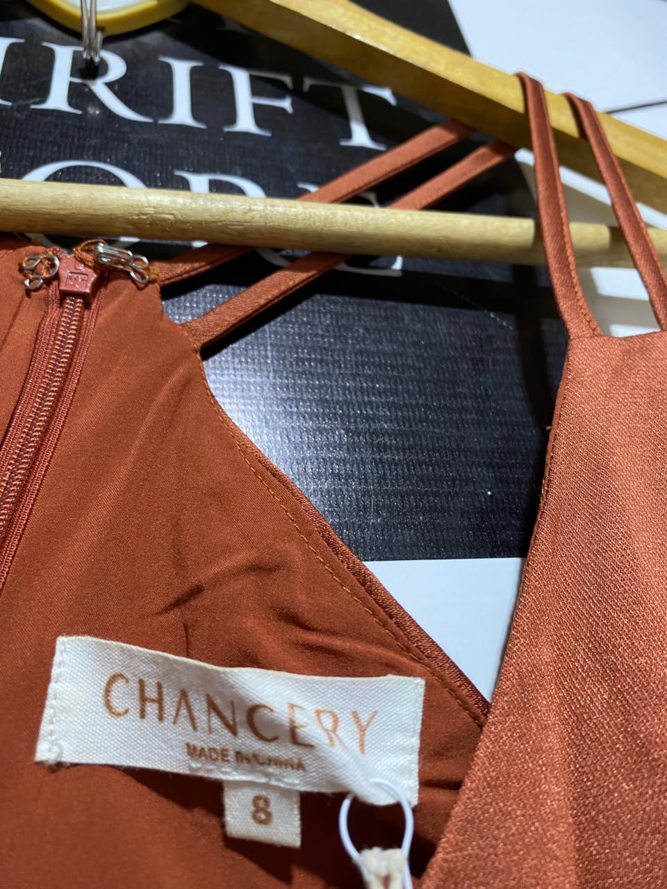 CHANCERY |M| BUST 15| TERRACOTTA SATIN STRAPPY MAXI DRESS