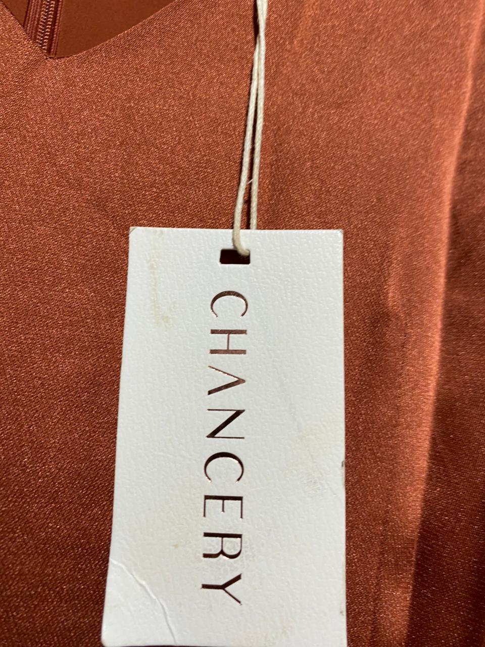 CHANCERY |M| BUST 15| TERRACOTTA SATIN STRAPPY MAXI DRESS
