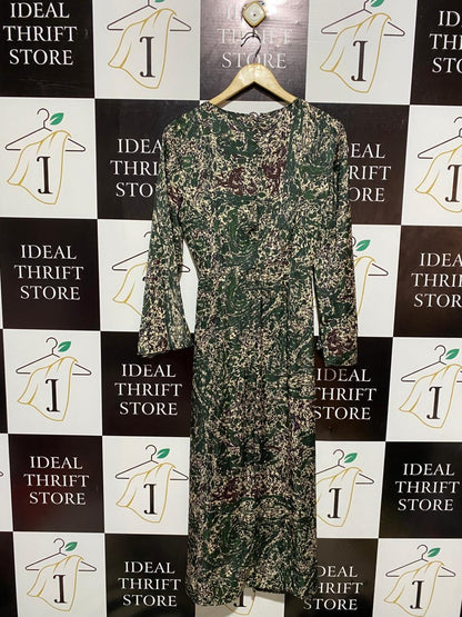 ZARA |M| BUST 17| GREEN MULTI SATIN PRINTED MIDI WRAP STYLE DRESS