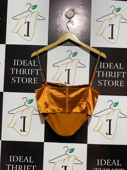 ORANGE SATIN RHINESTONE STRAP CORSET TOP |S| BUST 15|