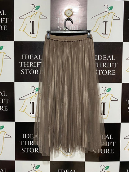 METALLIC BRONZE PLEATED TULLE MIDI SKIRT WITH EMBELLISHED ACCENTS |M| WAIST 26|