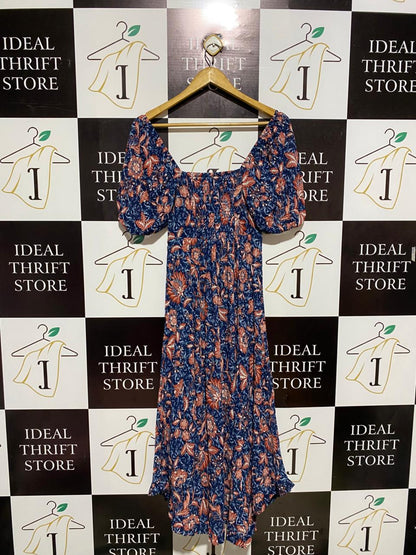 SPRING FIELD |S| BUST 12| C3| VINTAGE FLORAL PUFF-SLEEVE MIDI DRESS IN NAVY AND RUST