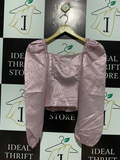 RIVER ISLAND |M| BUST 16|C2|METALLIC PINK TEXTURED BOW-FRONT CROP TOP WITH PUFF SLEEVES