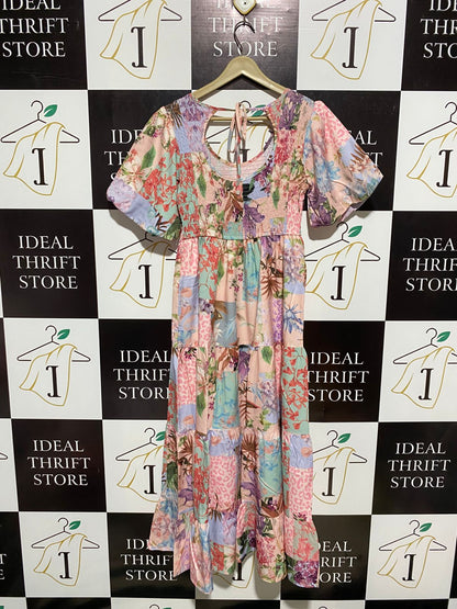 PASTEL MULTI-FLORAL PATCHWORK MAXI DRESS WITH SMOCKED BODICE |S| BUST 14|