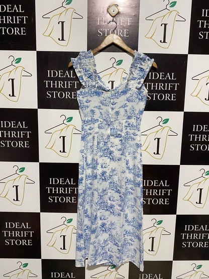 CIDER |XS| BUST 15|B12| VINTAGE-INSPIRED BLUE TOILE DE JOUY MIDI DRESS WITH RUFFLED STRAPS