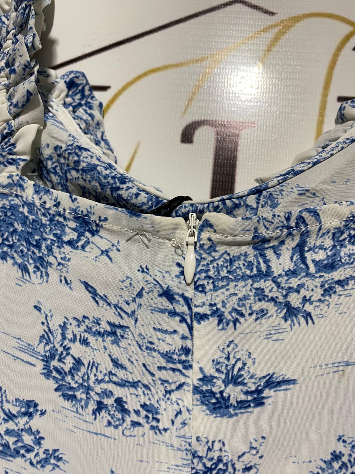 CIDER |XS| BUST 15|B12| VINTAGE-INSPIRED BLUE TOILE DE JOUY MIDI DRESS WITH RUFFLED STRAPS