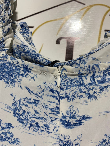 CIDER |XS| BUST 15|B12| VINTAGE-INSPIRED BLUE TOILE DE JOUY MIDI DRESS WITH RUFFLED STRAPS