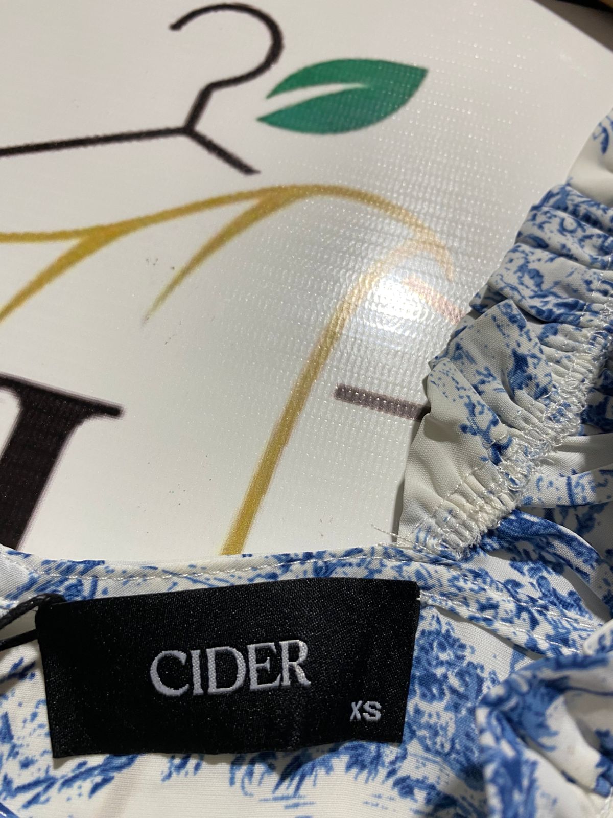 CIDER |XS| BUST 15|B12| VINTAGE-INSPIRED BLUE TOILE DE JOUY MIDI DRESS WITH RUFFLED STRAPS